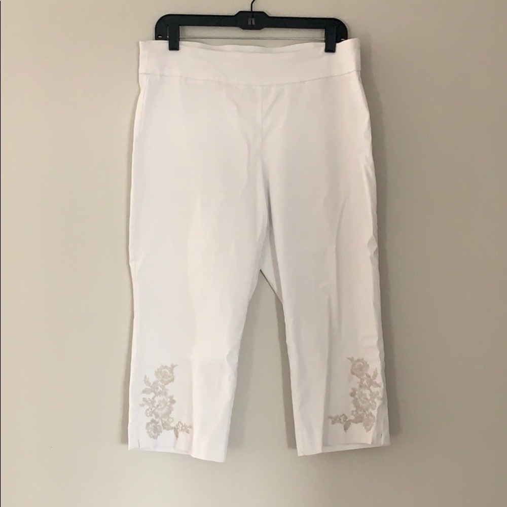 White flowy pants (below knew level) white floral